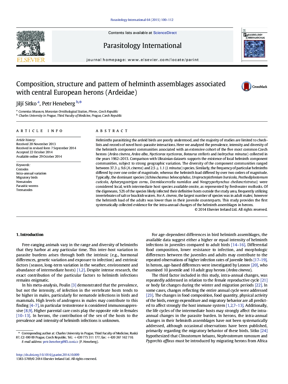 Composition, structure and pattern of helminth assemblages associated with central European herons (Ardeidae)