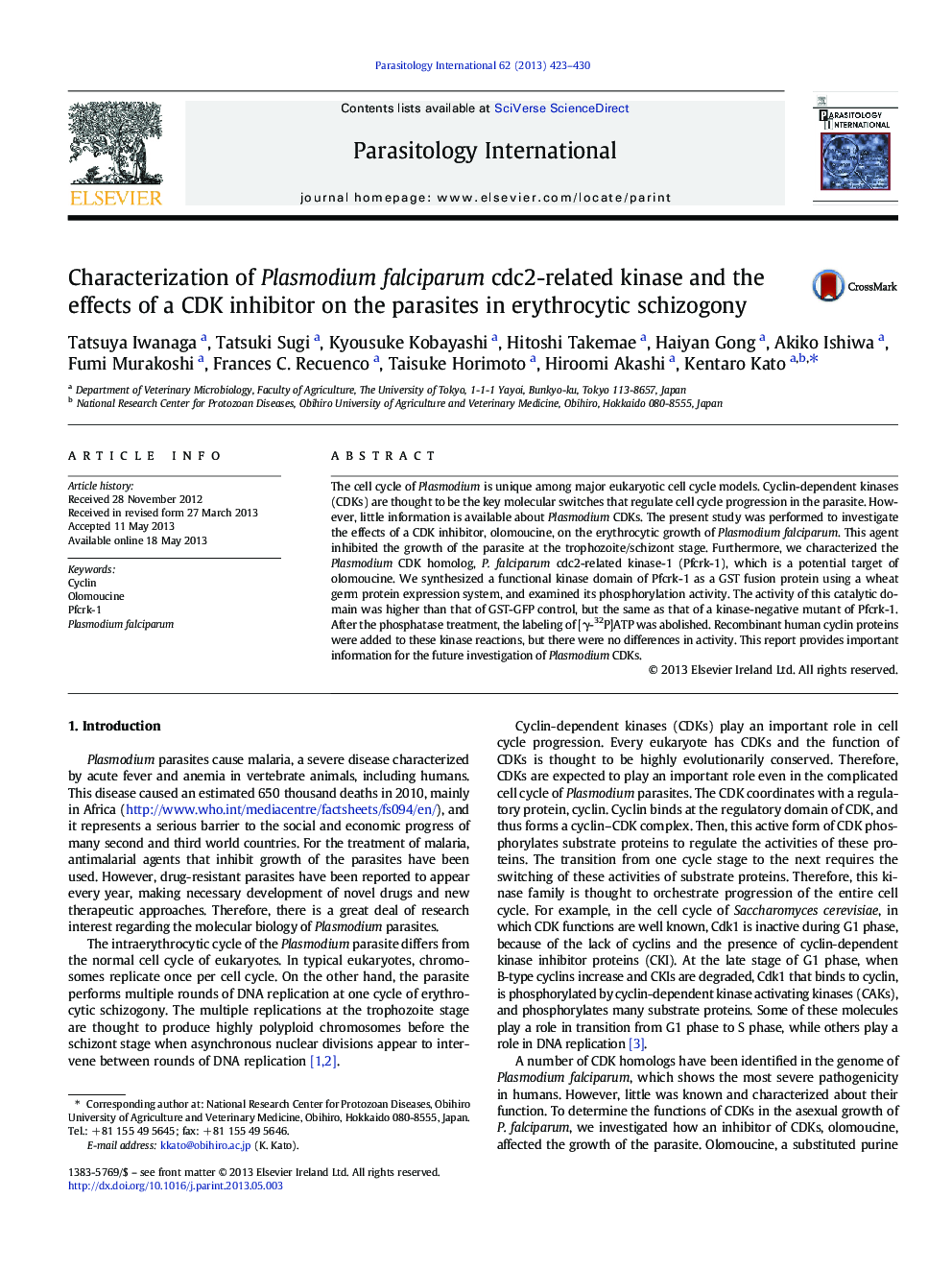 Characterization of Plasmodium falciparum cdc2-related kinase and the effects of a CDK inhibitor on the parasites in erythrocytic schizogony