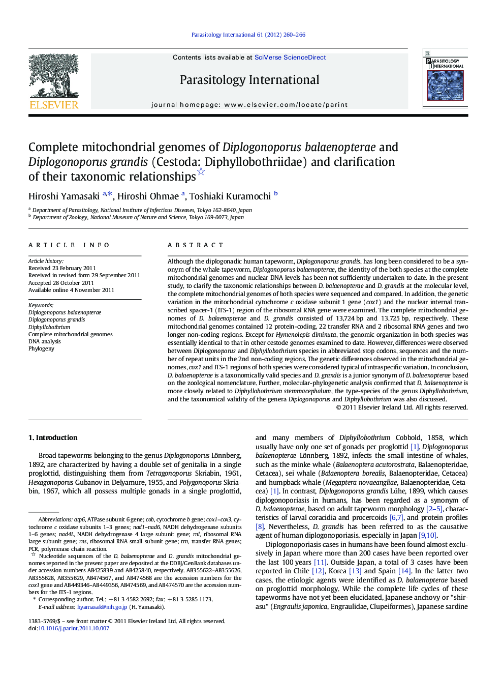 Complete mitochondrial genomes of Diplogonoporus balaenopterae and Diplogonoporus grandis (Cestoda: Diphyllobothriidae) and clarification of their taxonomic relationships