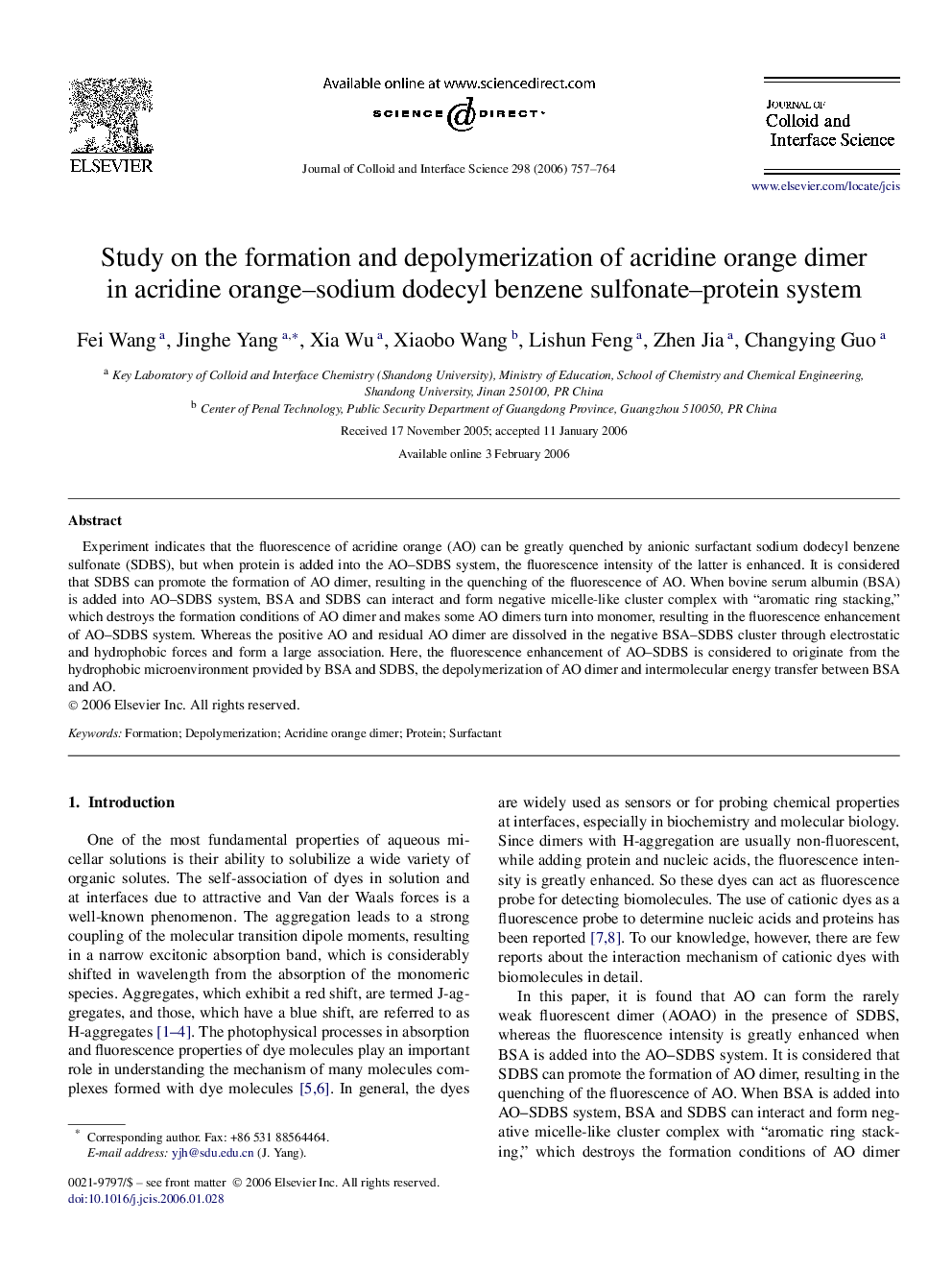 Study on the formation and depolymerization of acridine orange dimer in acridine orange–sodium dodecyl benzene sulfonate–protein system