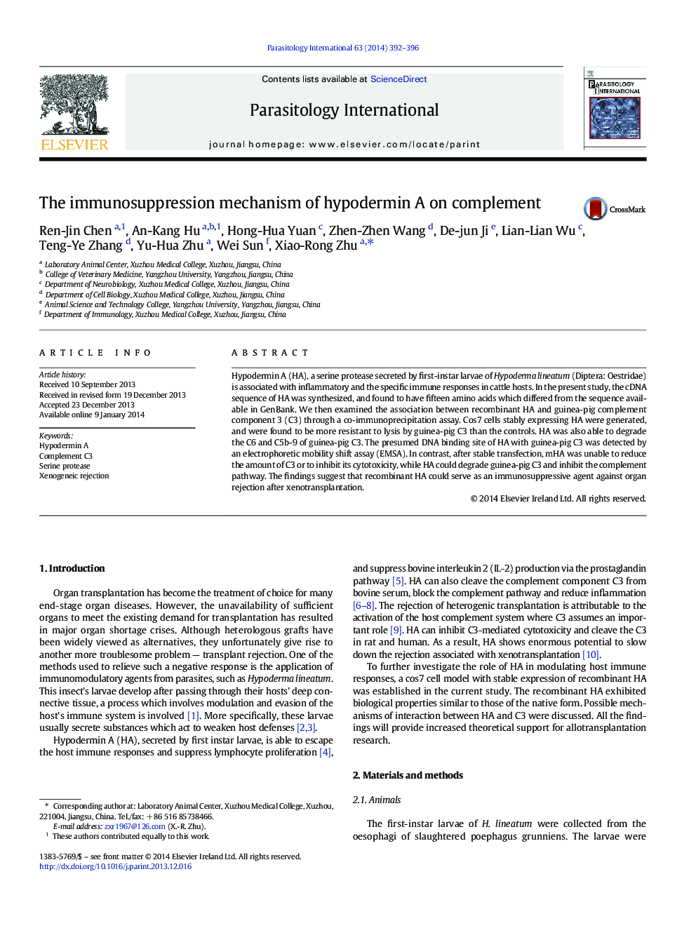 The immunosuppression mechanism of hypodermin A on complement