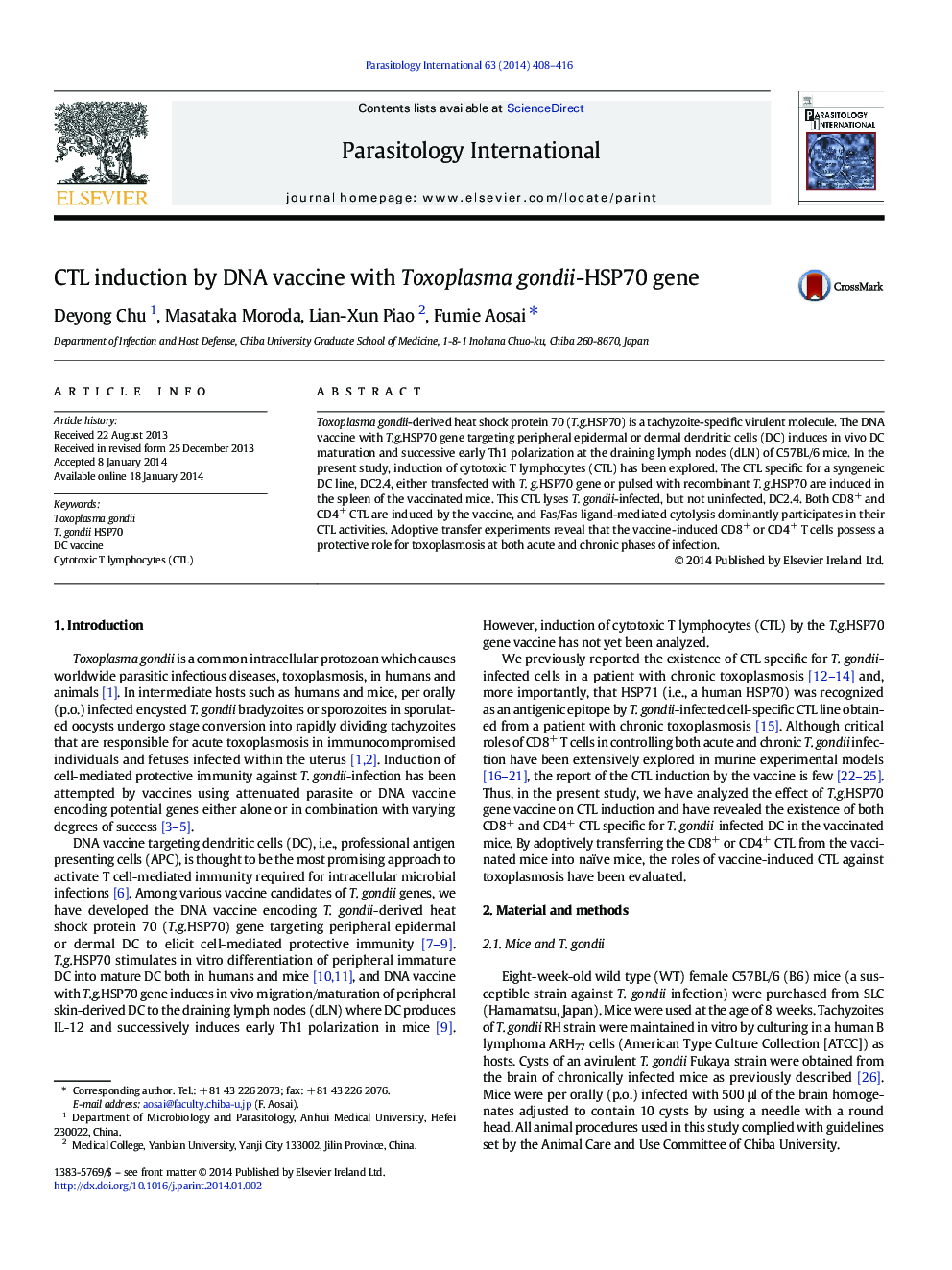 CTL induction by DNA vaccine with Toxoplasma gondii-HSP70 gene