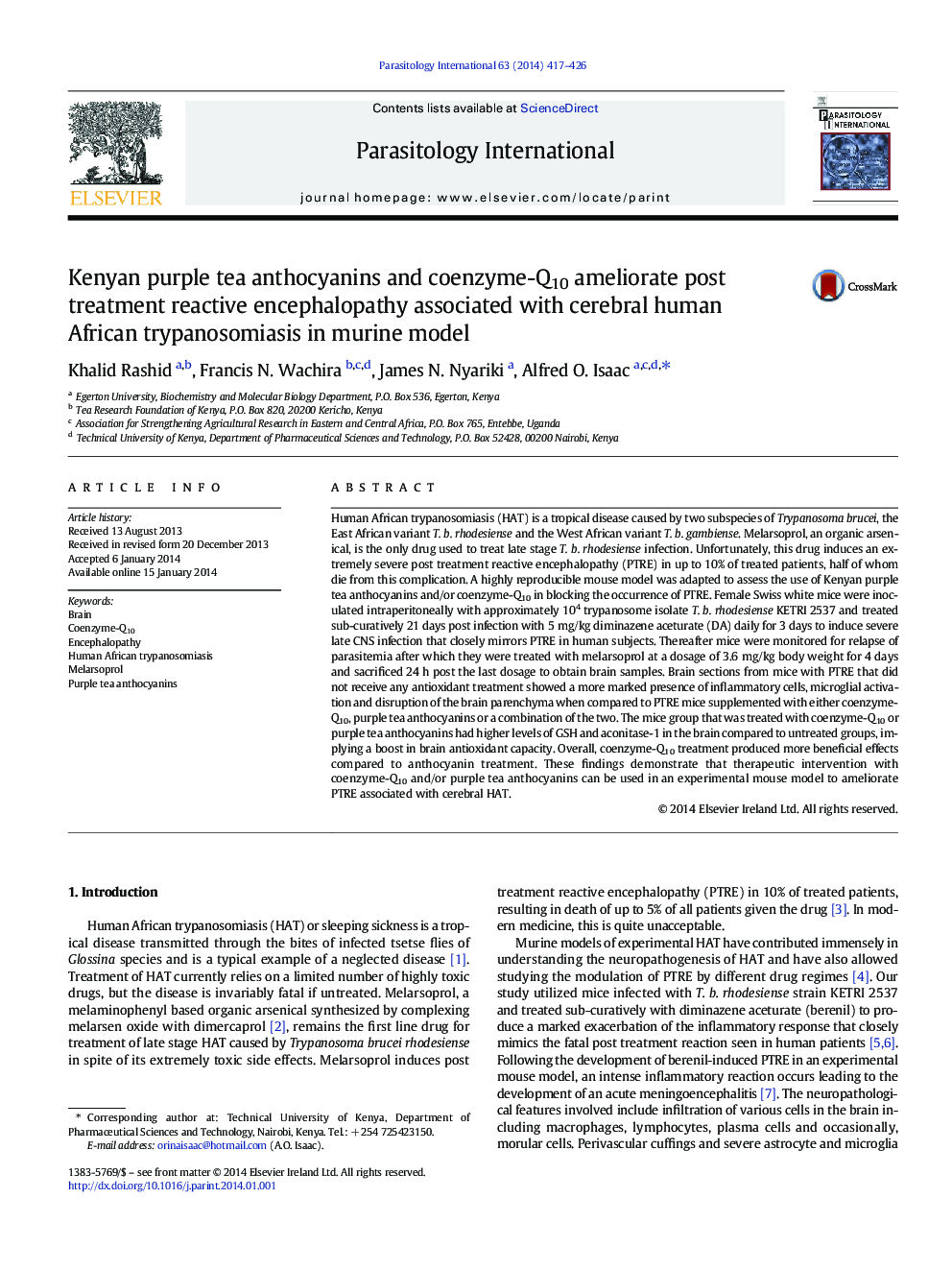 Kenyan purple tea anthocyanins and coenzyme-Q10 ameliorate post treatment reactive encephalopathy associated with cerebral human African trypanosomiasis in murine model