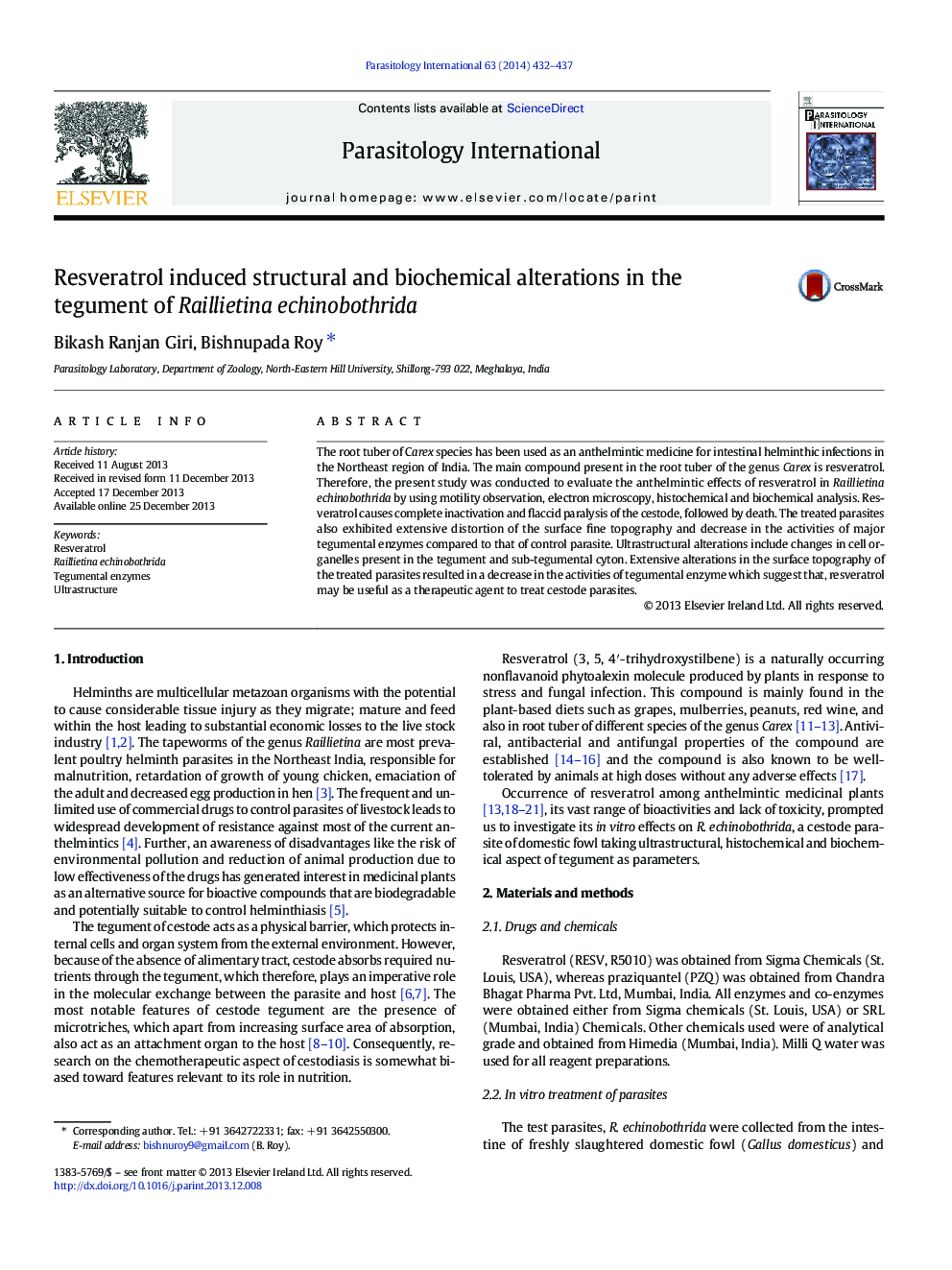 Resveratrol induced structural and biochemical alterations in the tegument of Raillietina echinobothrida