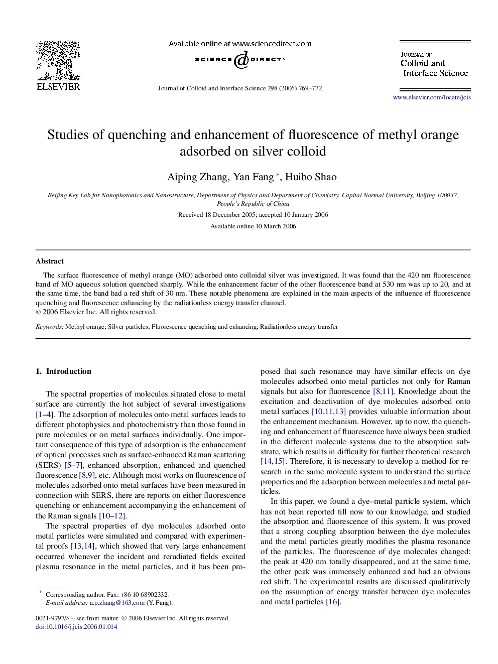 Studies of quenching and enhancement of fluorescence of methyl orange adsorbed on silver colloid