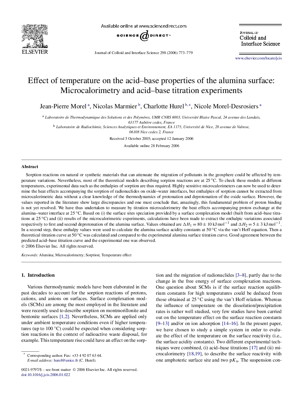 Effect of temperature on the acid–base properties of the alumina surface: Microcalorimetry and acid–base titration experiments