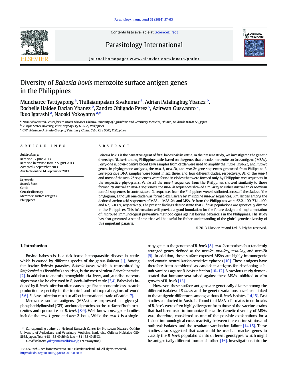 Diversity of Babesia bovis merozoite surface antigen genes in the Philippines