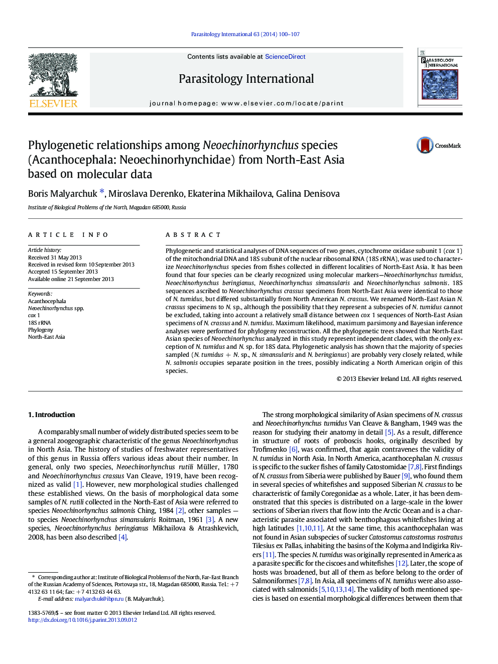 Phylogenetic relationships among Neoechinorhynchus species (Acanthocephala: Neoechinorhynchidae) from North-East Asia based on molecular data