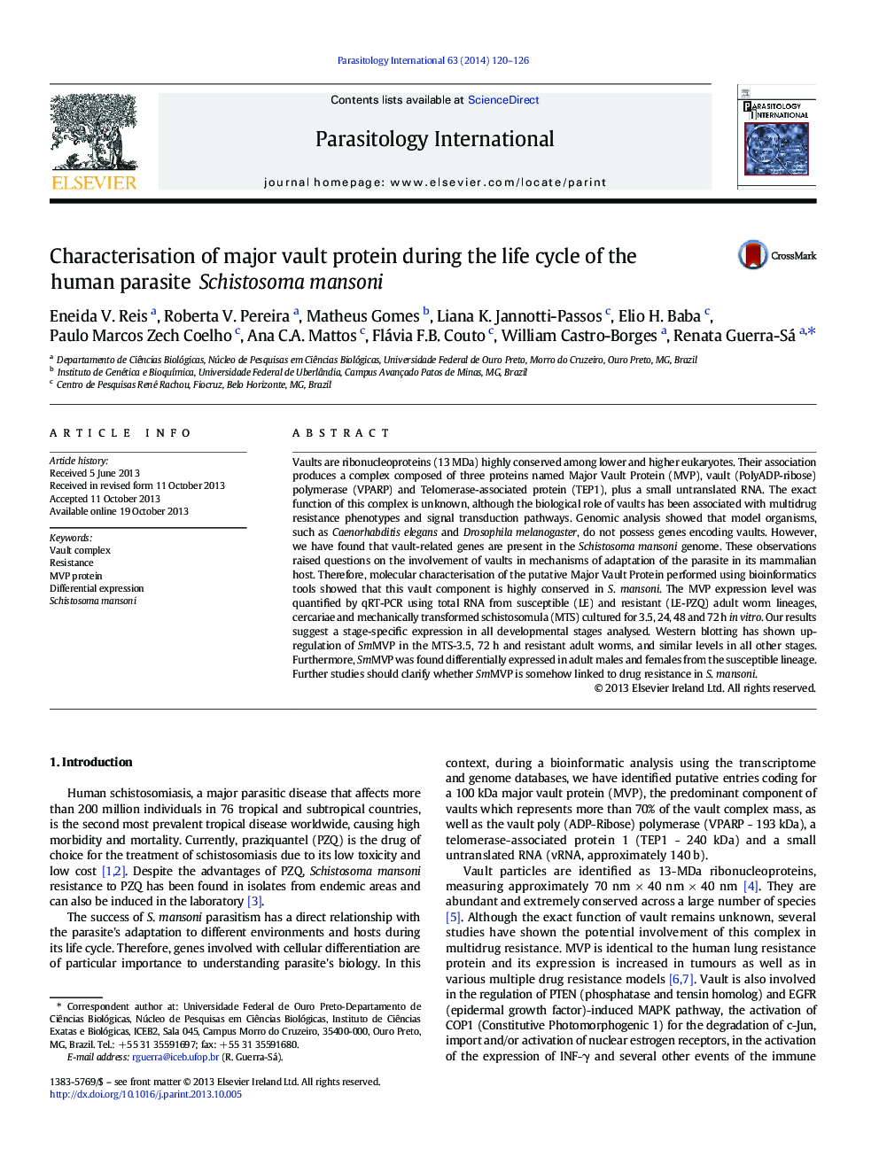 Characterisation of major vault protein during the life cycle of the human parasite Schistosoma mansoni