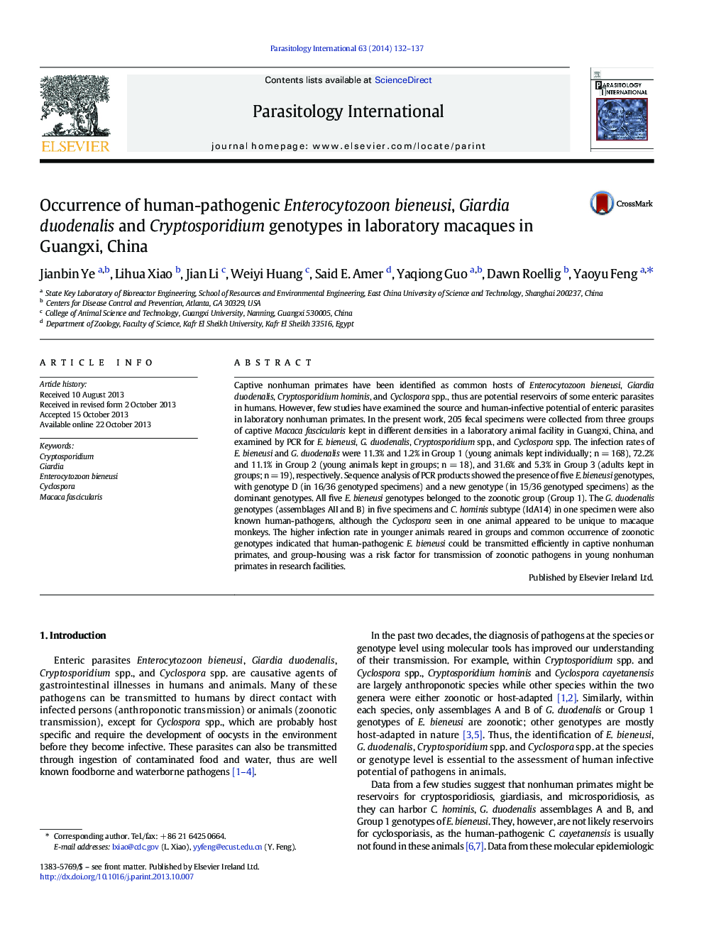 Occurrence of human-pathogenic Enterocytozoon bieneusi, Giardia duodenalis and Cryptosporidium genotypes in laboratory macaques in Guangxi, China