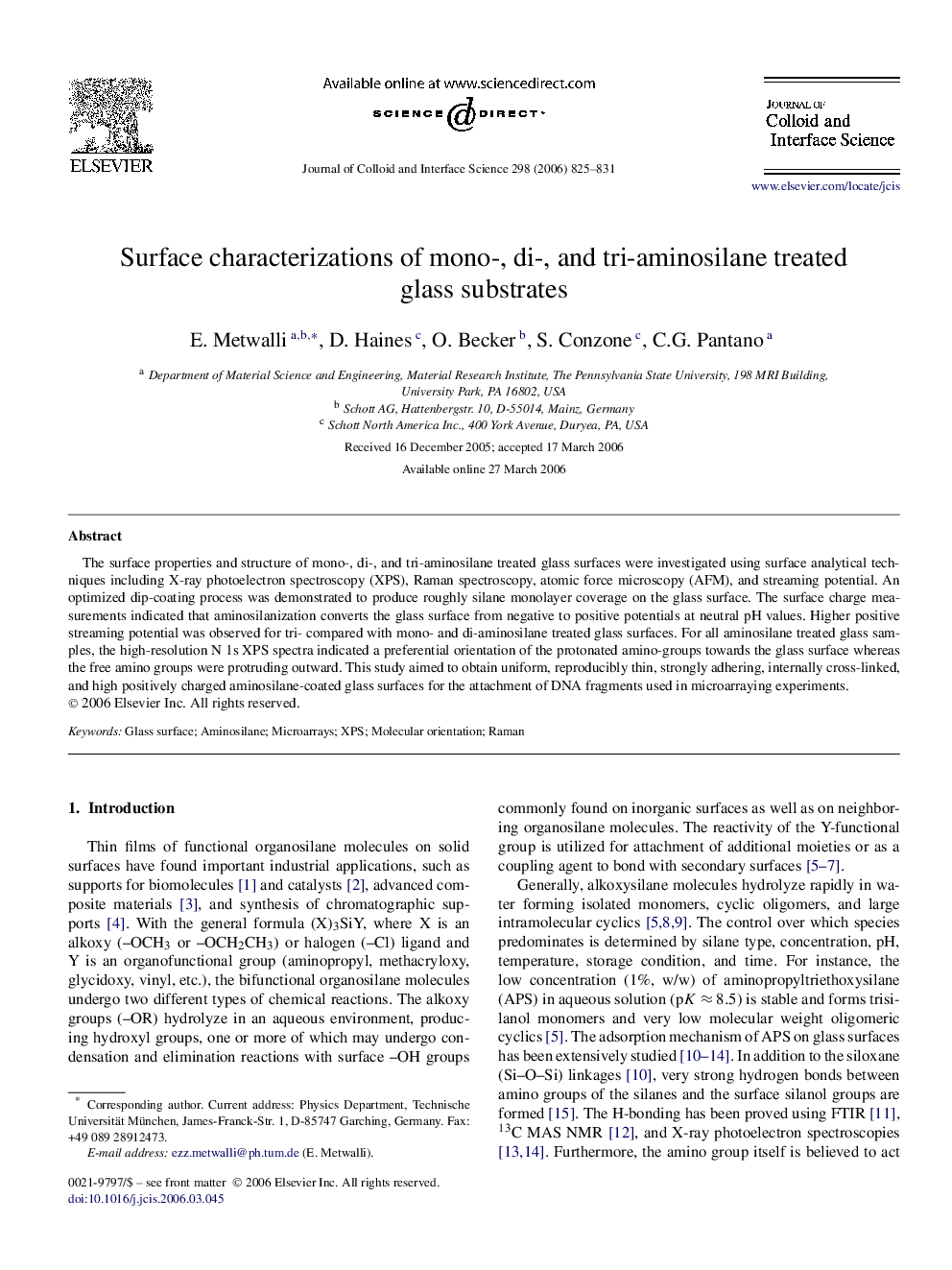 Surface characterizations of mono-, di-, and tri-aminosilane treated glass substrates