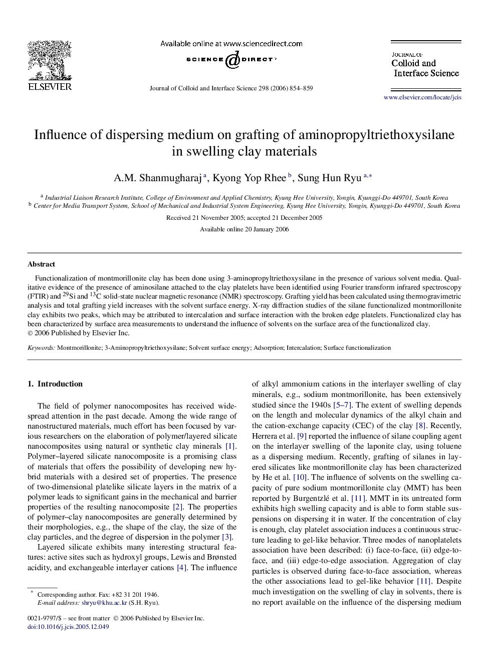 Influence of dispersing medium on grafting of aminopropyltriethoxysilane in swelling clay materials