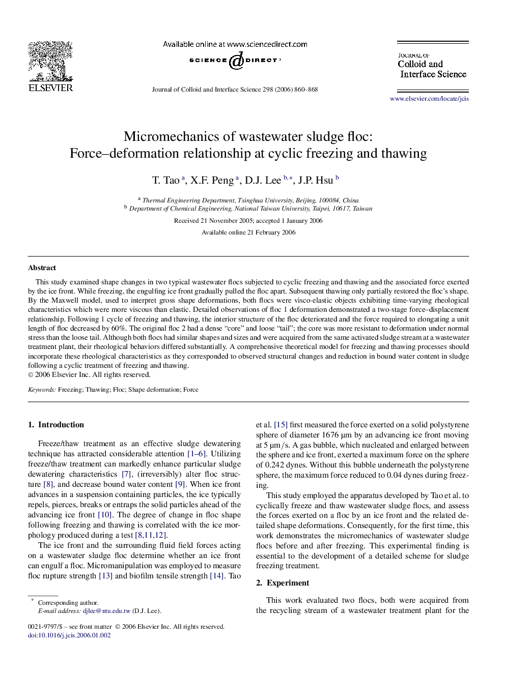 Micromechanics of wastewater sludge floc: Force-deformation relationship at cyclic freezing and thawing