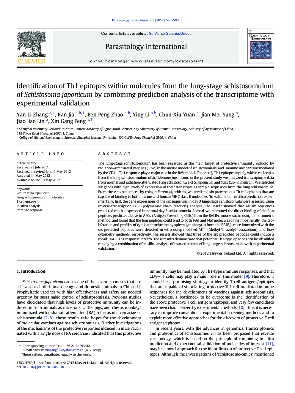 Identification of Th1 epitopes within molecules from the lung-stage schistosomulum of Schistosoma japonicum by combining prediction analysis of the transcriptome with experimental validation