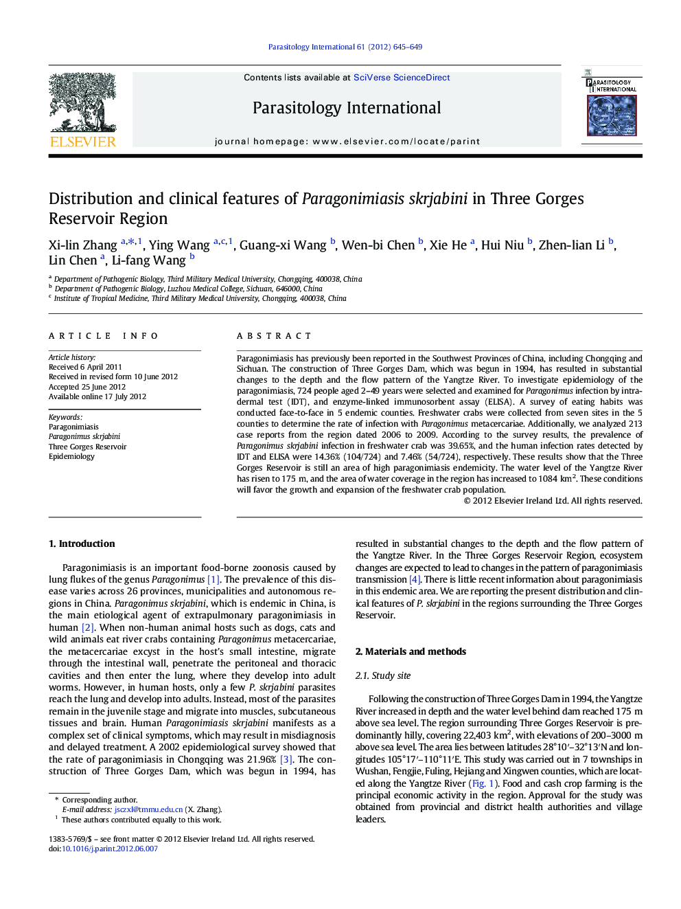 Distribution and clinical features of Paragonimiasis skrjabini in Three Gorges Reservoir Region