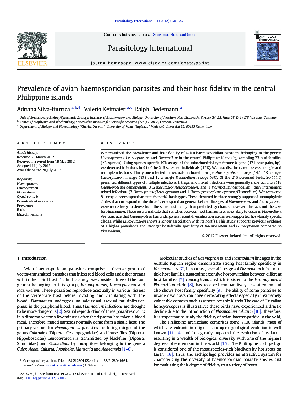 Prevalence of avian haemosporidian parasites and their host fidelity in the central Philippine islands