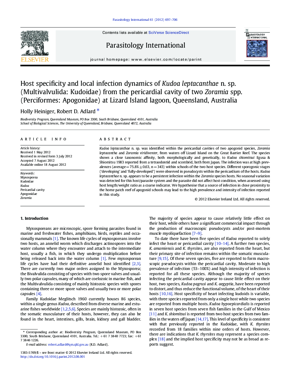 Host specificity and local infection dynamics of Kudoa leptacanthae n. sp. (Multivalvulida: Kudoidae) from the pericardial cavity of two Zoramia spp. (Perciformes: Apogonidae) at Lizard Island lagoon, Queensland, Australia