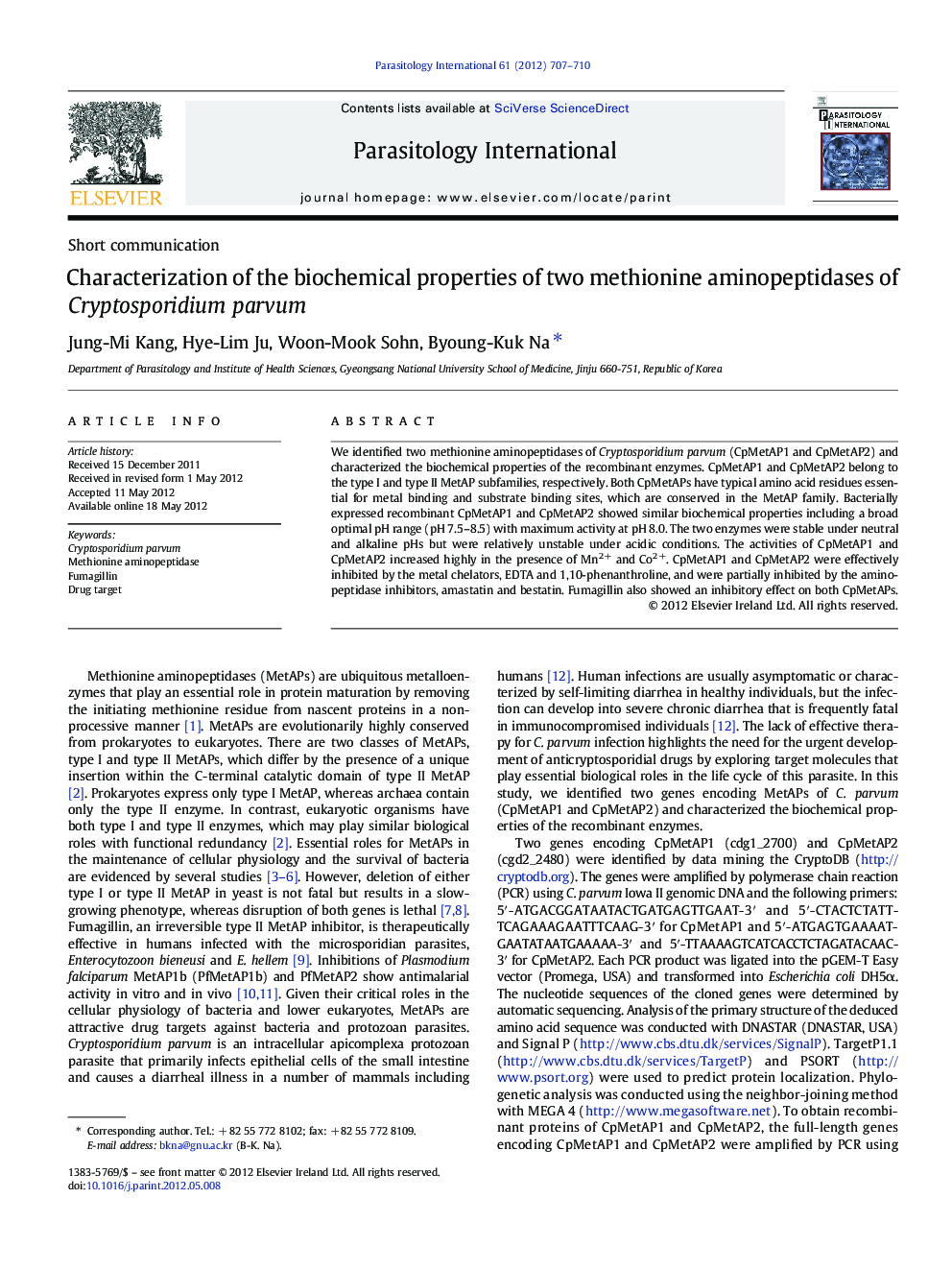 Characterization of the biochemical properties of two methionine aminopeptidases of Cryptosporidium parvum