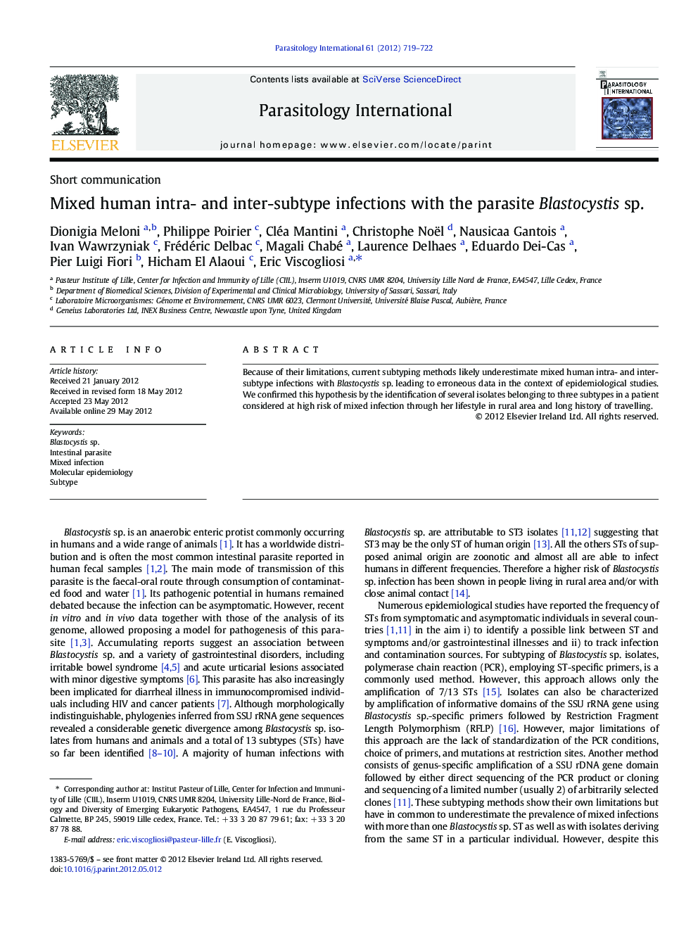 Mixed human intra- and inter-subtype infections with the parasite Blastocystis sp.