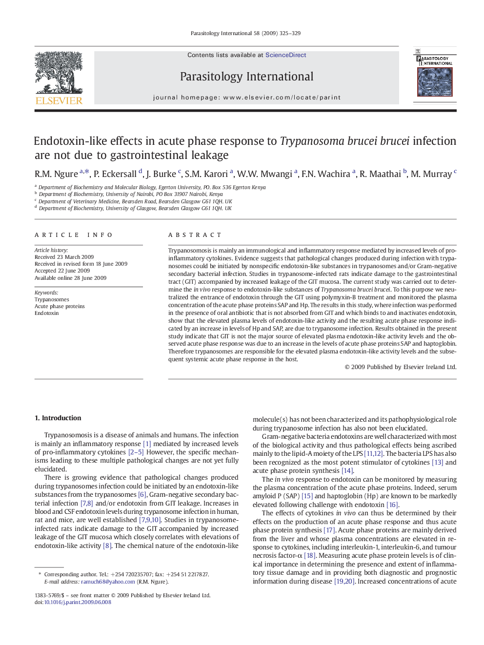 Endotoxin-like effects in acute phase response to Trypanosoma brucei brucei infection are not due to gastrointestinal leakage