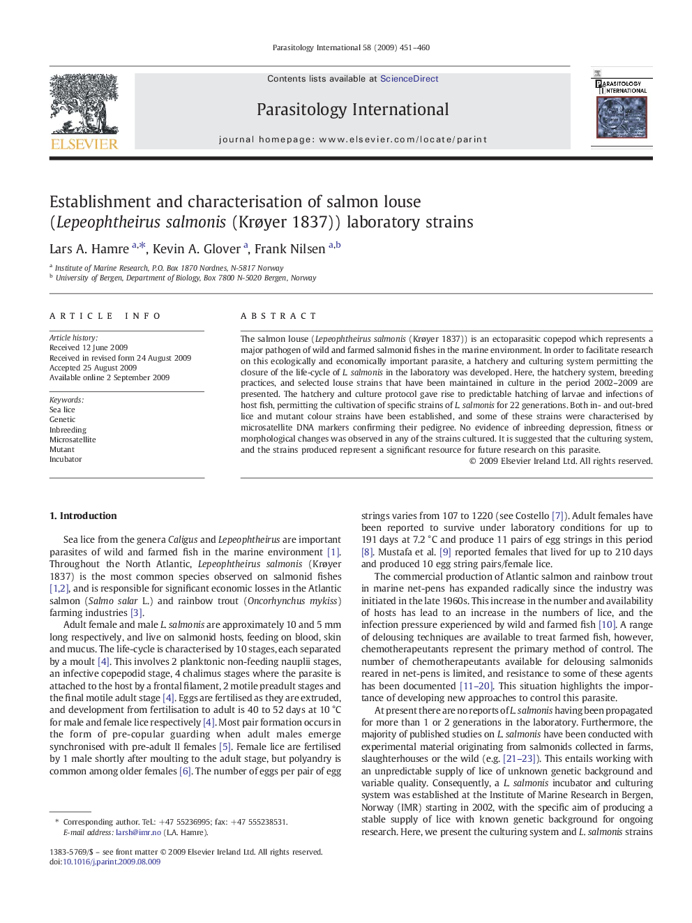 Establishment and characterisation of salmon louse (Lepeophtheirus salmonis (KrÃ¸yer 1837)) laboratory strains