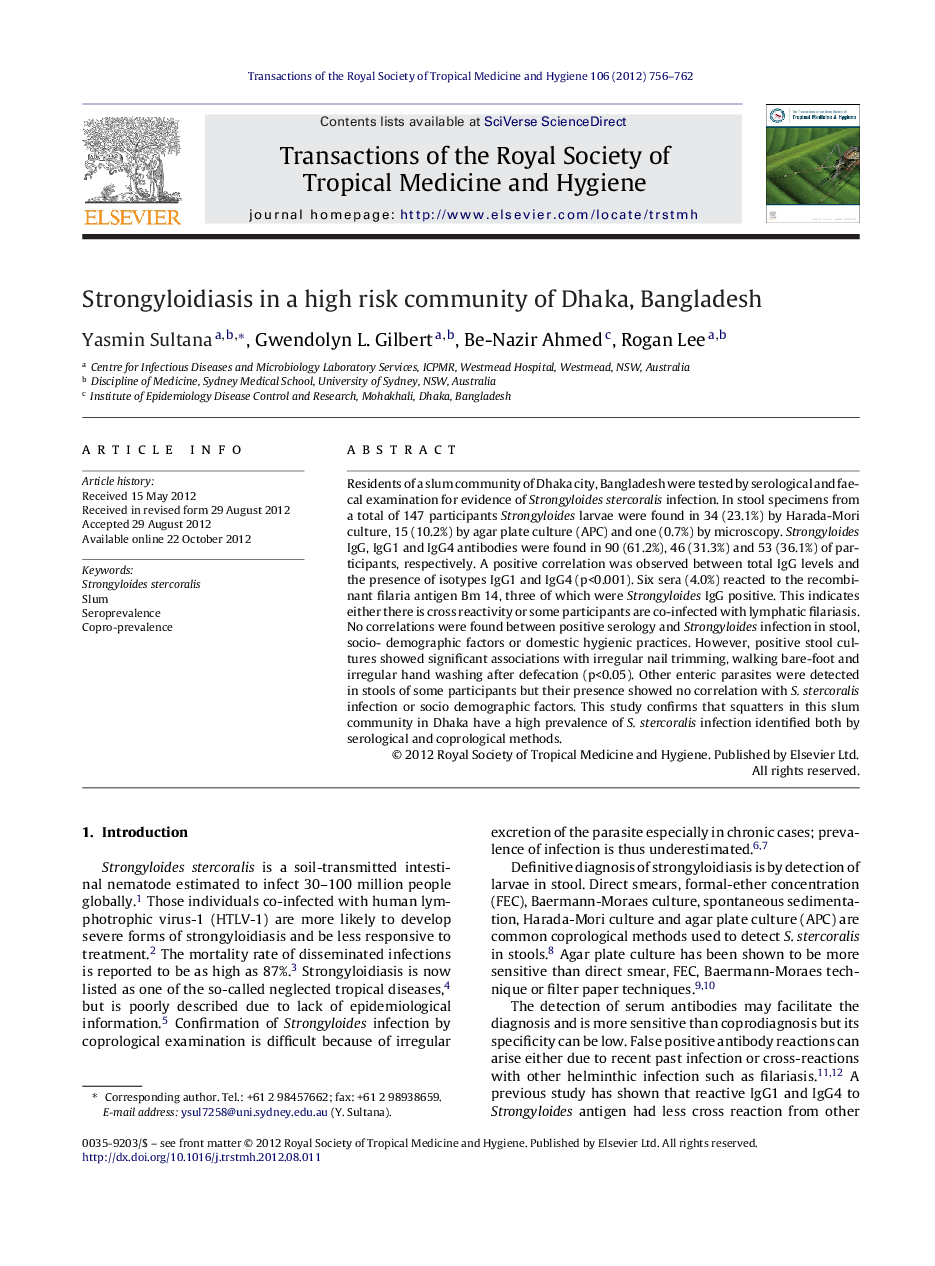 Strongyloidiasis in a high risk community of Dhaka, Bangladesh