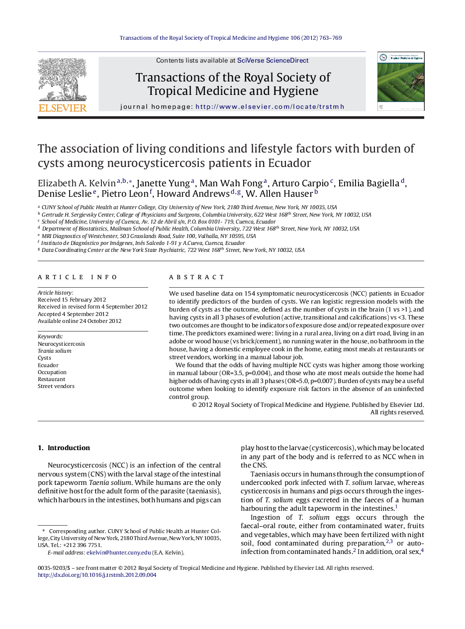 The association of living conditions and lifestyle factors with burden of cysts among neurocysticercosis patients in Ecuador