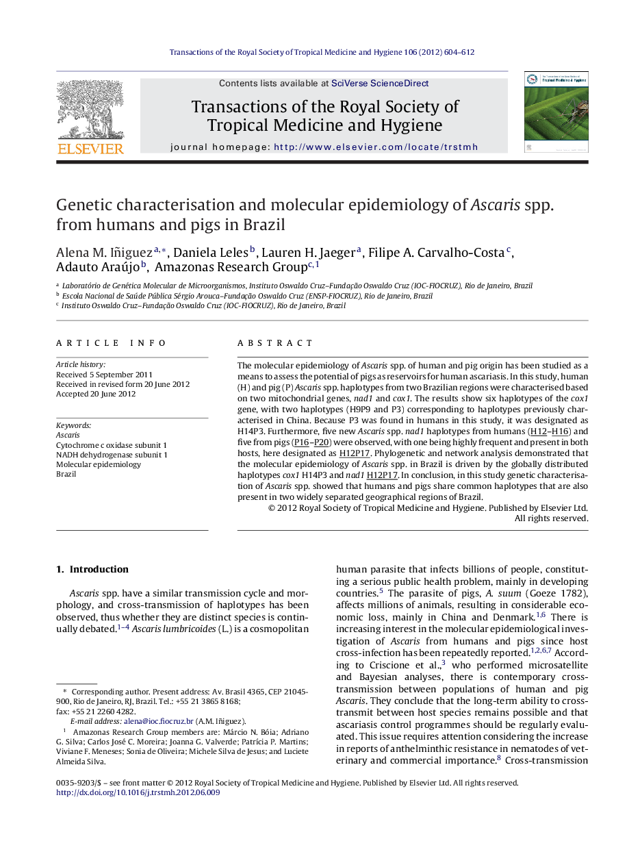 Genetic characterisation and molecular epidemiology of Ascaris spp. from humans and pigs in Brazil