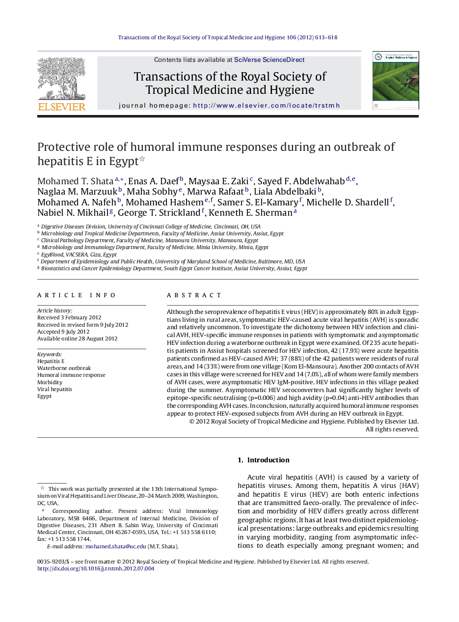 Protective role of humoral immune responses during an outbreak of hepatitis E in Egypt