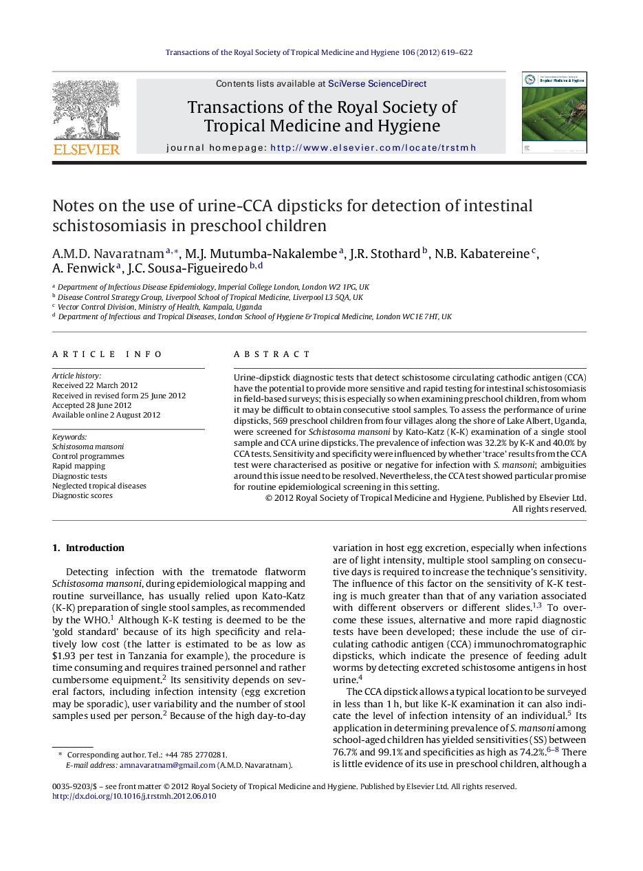 Notes on the use of urine-CCA dipsticks for detection of intestinal schistosomiasis in preschool children