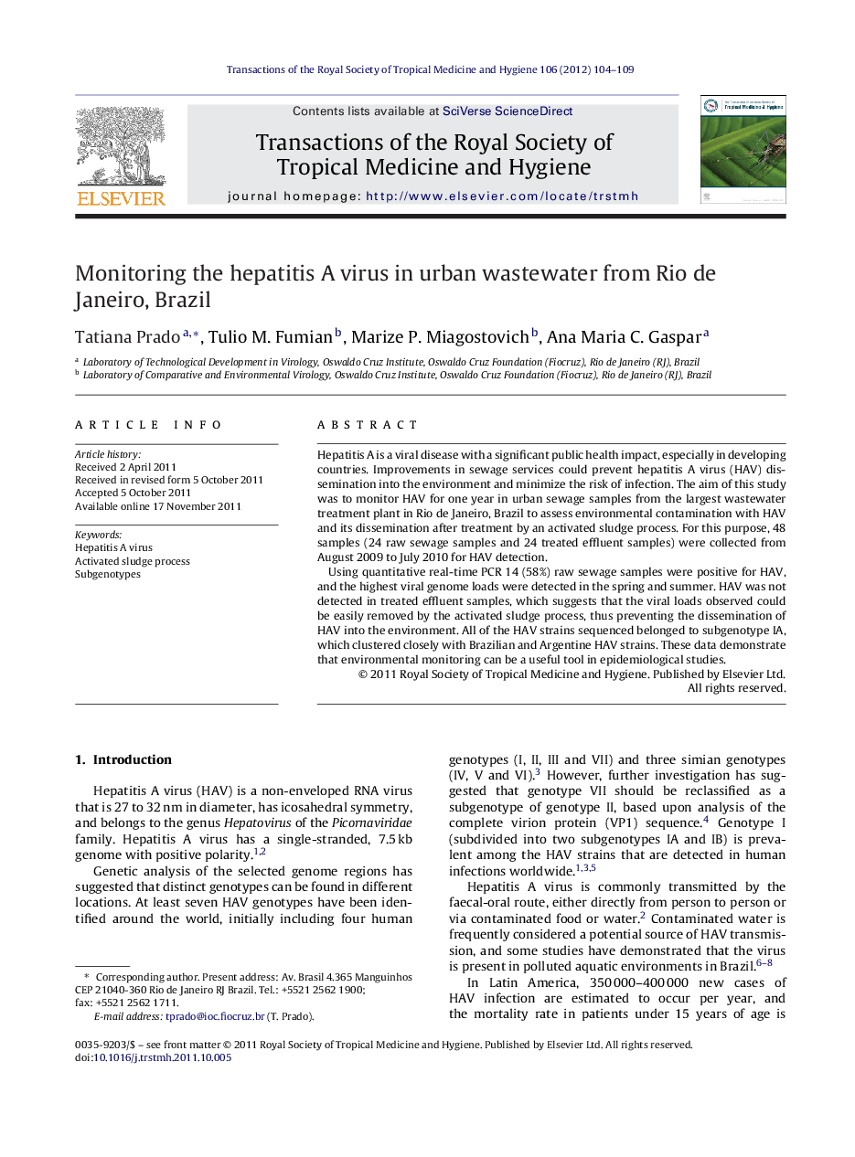 Monitoring the hepatitis A virus in urban wastewater from Rio de Janeiro, Brazil