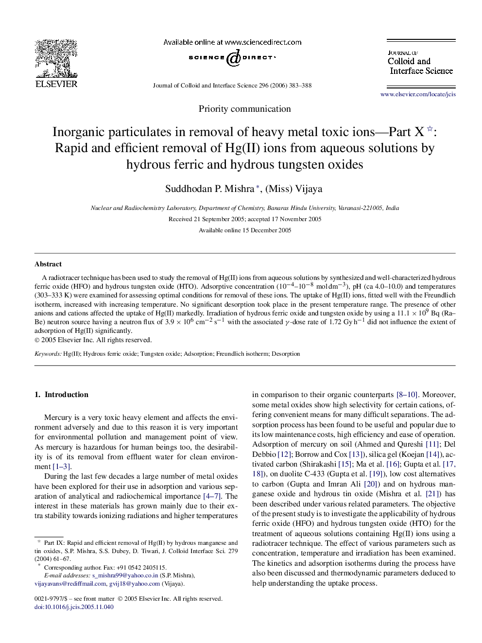 Inorganic particulates in removal of heavy metal toxic ions—Part X: Rapid and efficient removal of Hg(II) ions from aqueous solutions by hydrous ferric and hydrous tungsten oxides 