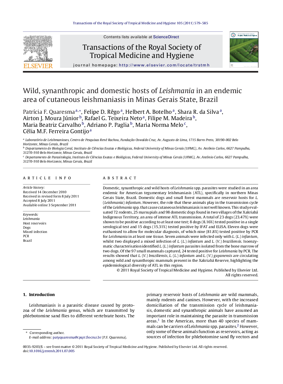 Wild, synanthropic and domestic hosts of Leishmania in an endemic area of cutaneous leishmaniasis in Minas Gerais State, Brazil