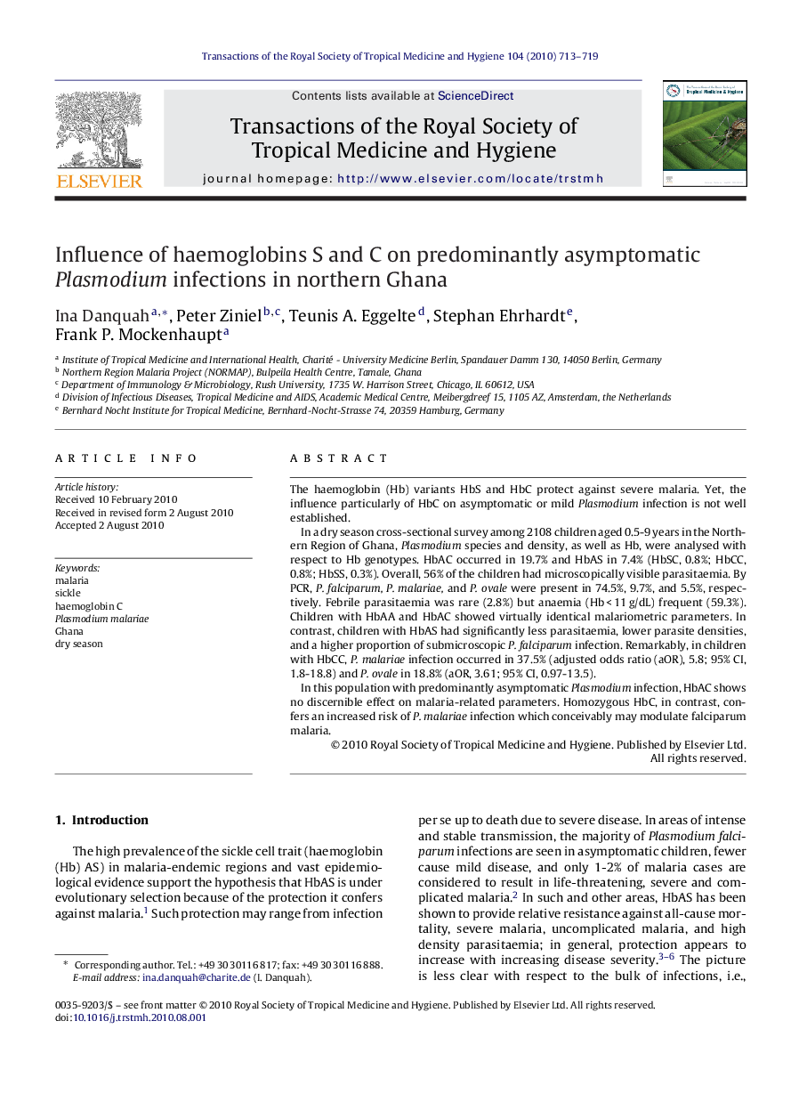 Influence of haemoglobins S and C on predominantly asymptomatic Plasmodium infections in northern Ghana