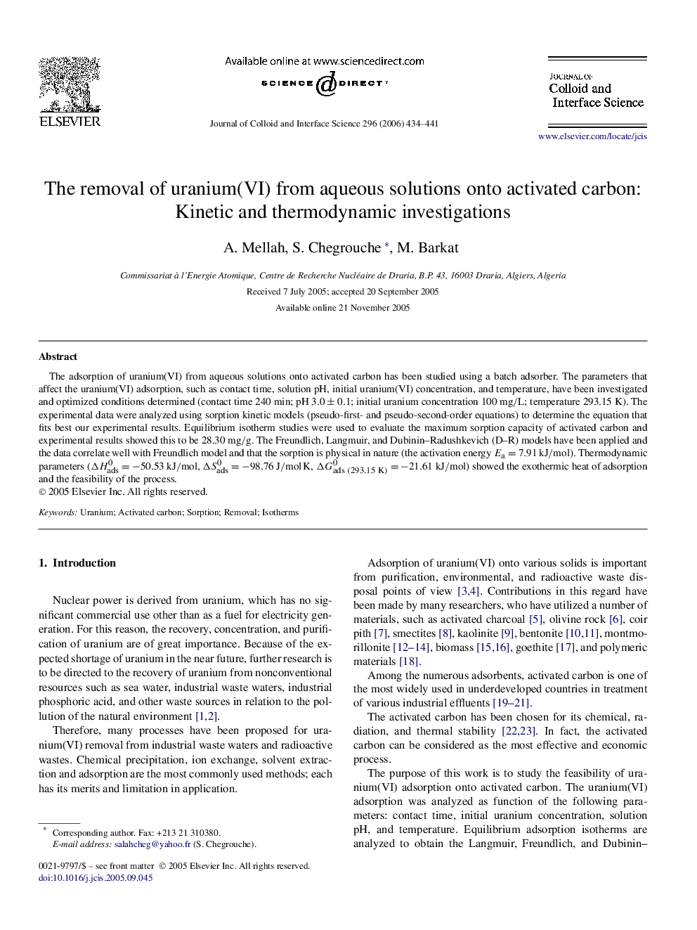 The removal of uranium(VI) from aqueous solutions onto activated carbon: Kinetic and thermodynamic investigations