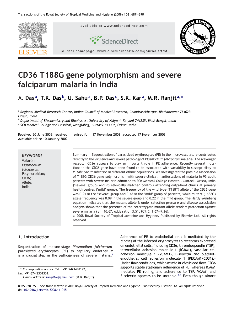 CD36 T188G gene polymorphism and severe falciparum malaria in India