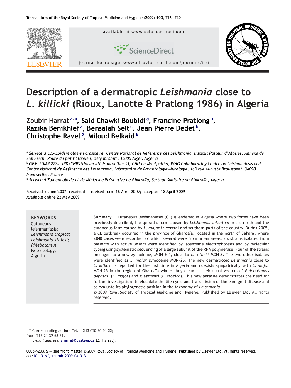 Description of a dermatropic Leishmania close to L. killicki (Rioux, Lanotte & Pratlong 1986) in Algeria