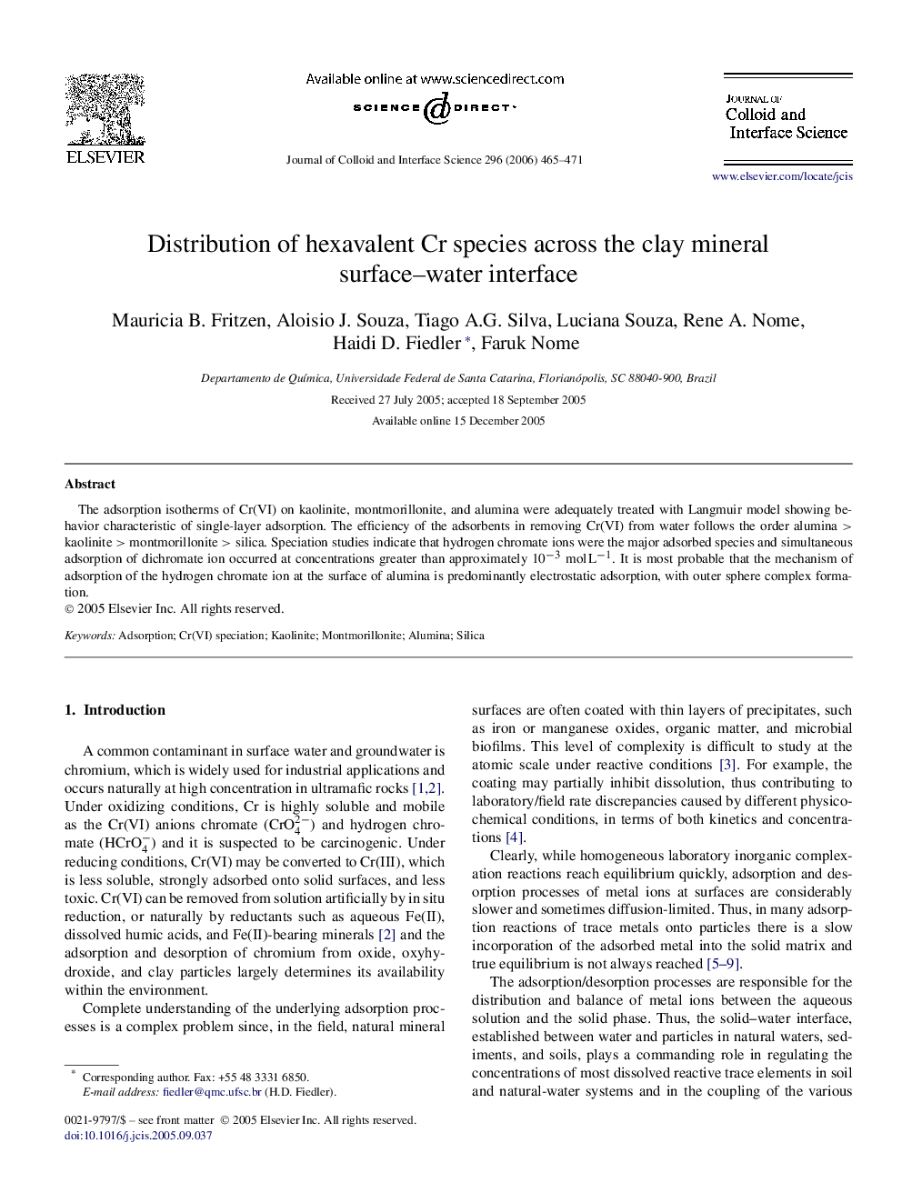 Distribution of hexavalent Cr species across the clay mineral surface–water interface