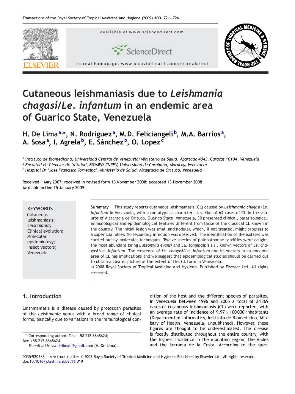 Cutaneous leishmaniasis due to Leishmania chagasi/Le. infantum in an endemic area of Guarico State, Venezuela