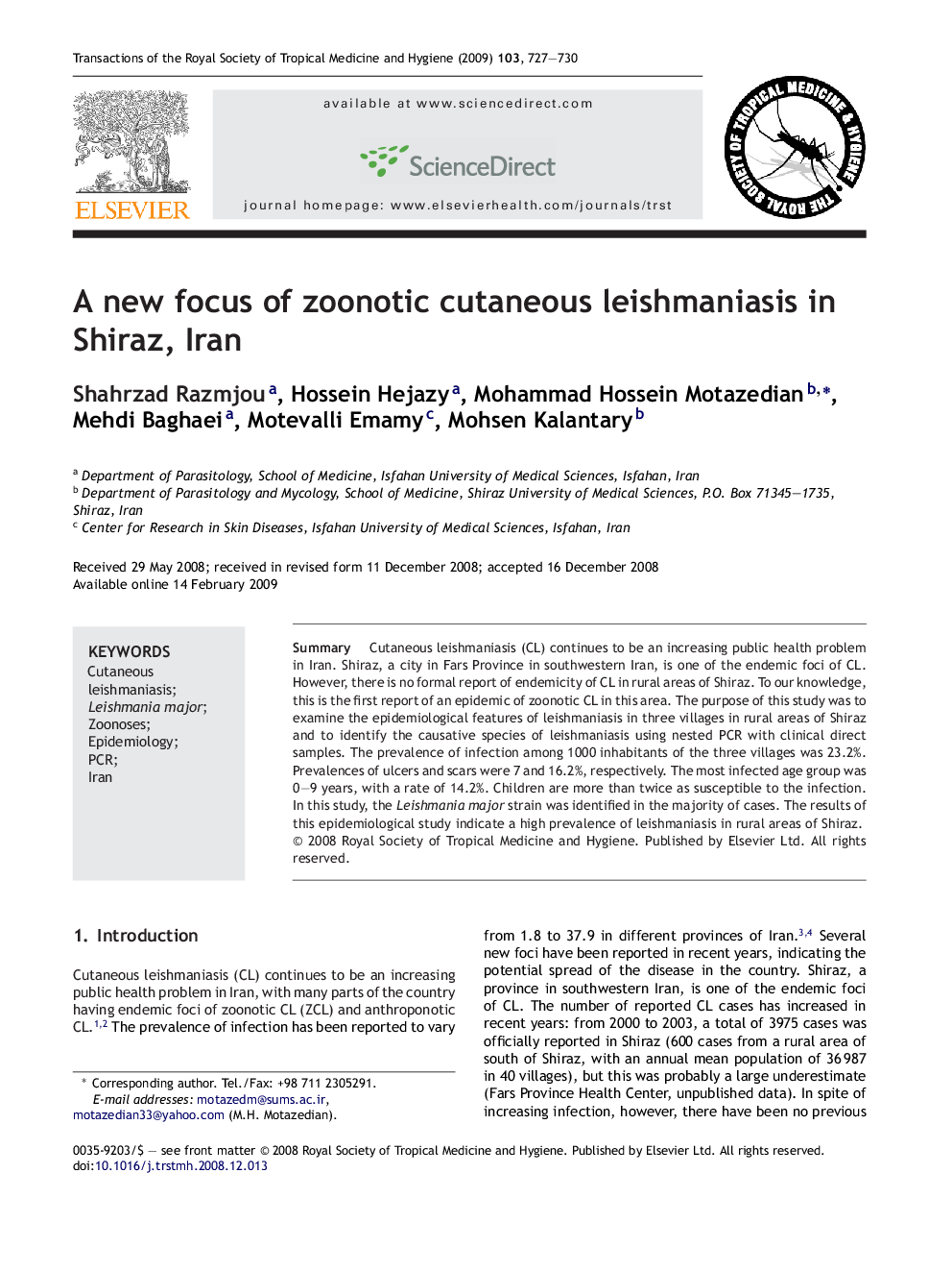 A new focus of zoonotic cutaneous leishmaniasis in Shiraz, Iran