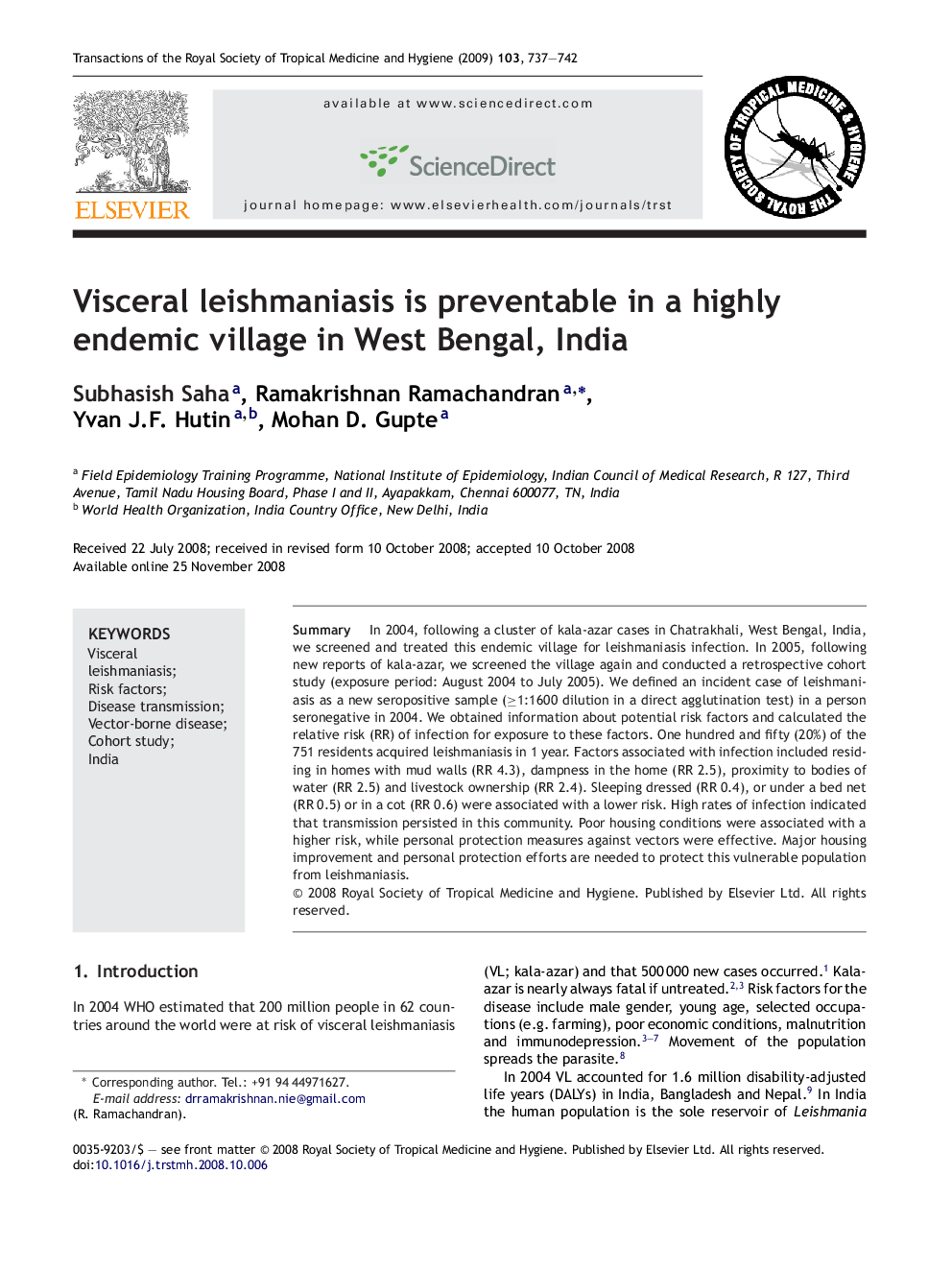 Visceral leishmaniasis is preventable in a highly endemic village in West Bengal, India