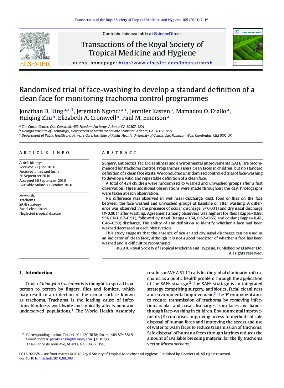 Randomised trial of face-washing to develop a standard definition of a clean face for monitoring trachoma control programmes