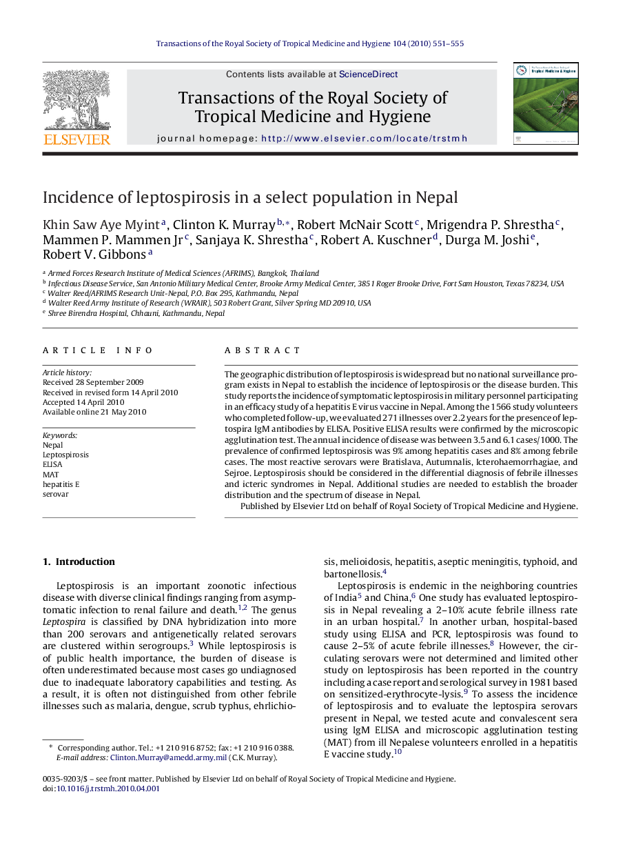 Incidence of leptospirosis in a select population in Nepal