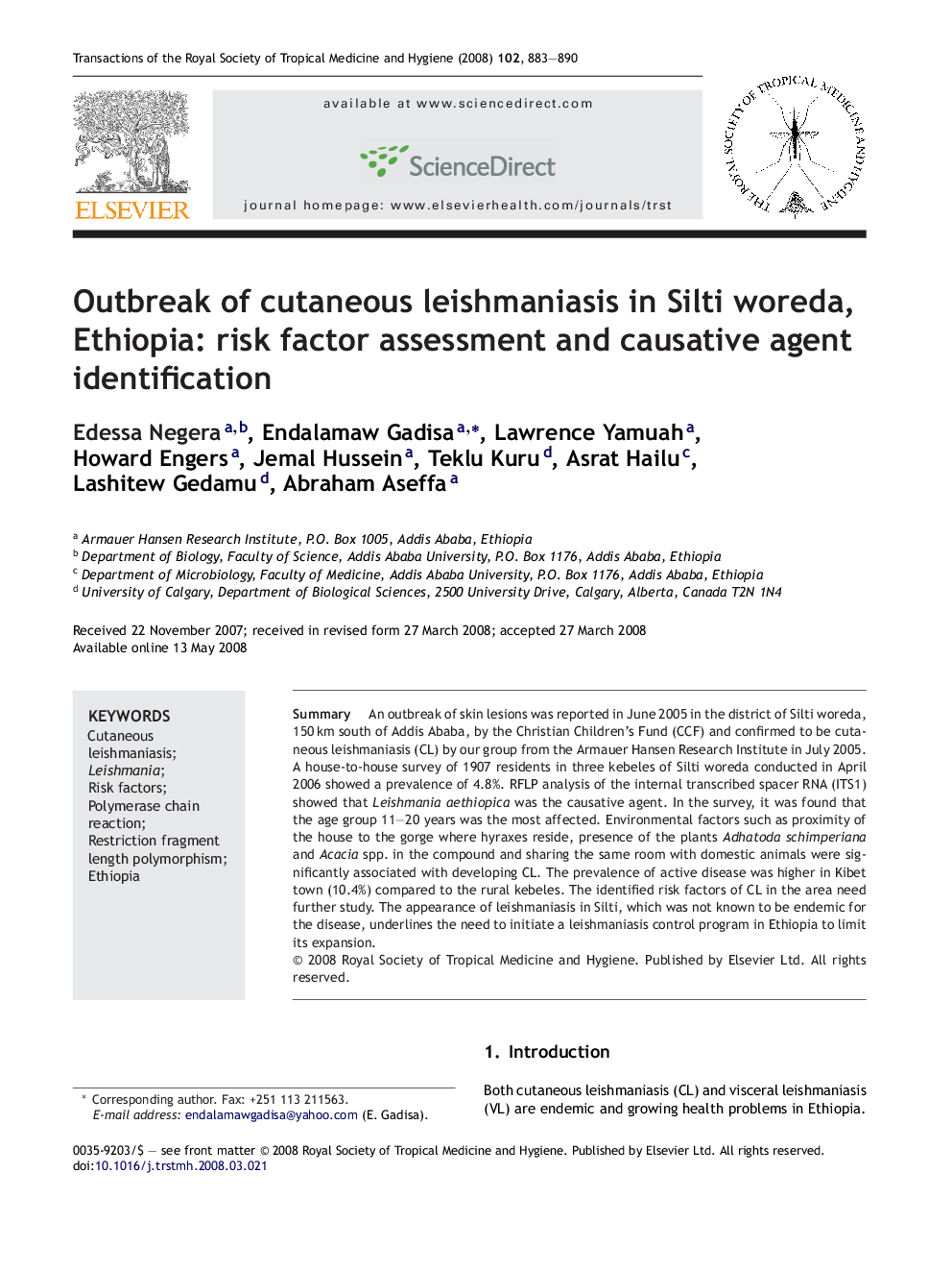 Outbreak of cutaneous leishmaniasis in Silti woreda, Ethiopia: risk factor assessment and causative agent identification