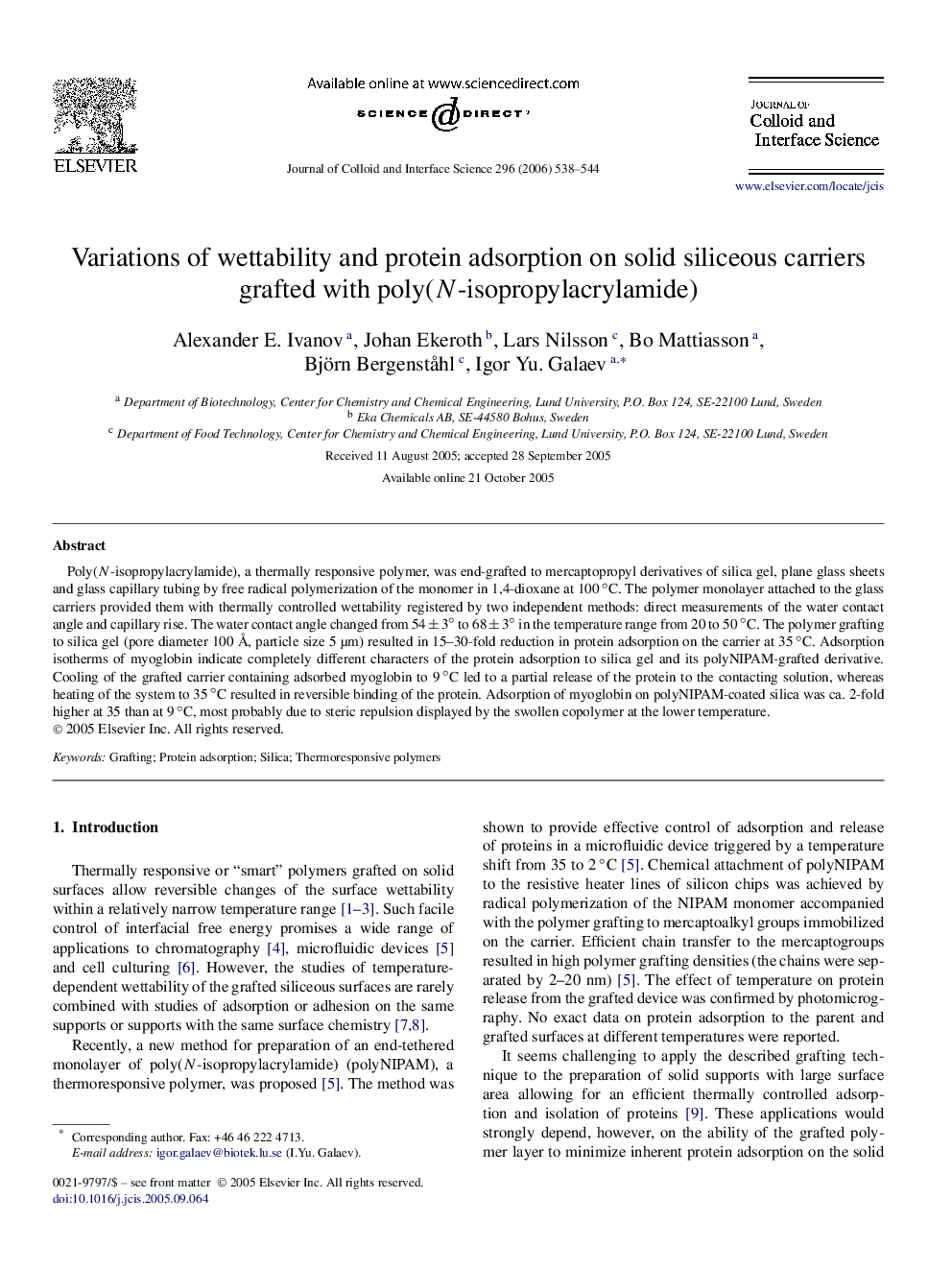 Variations of wettability and protein adsorption on solid siliceous carriers grafted with poly(N-isopropylacrylamide)