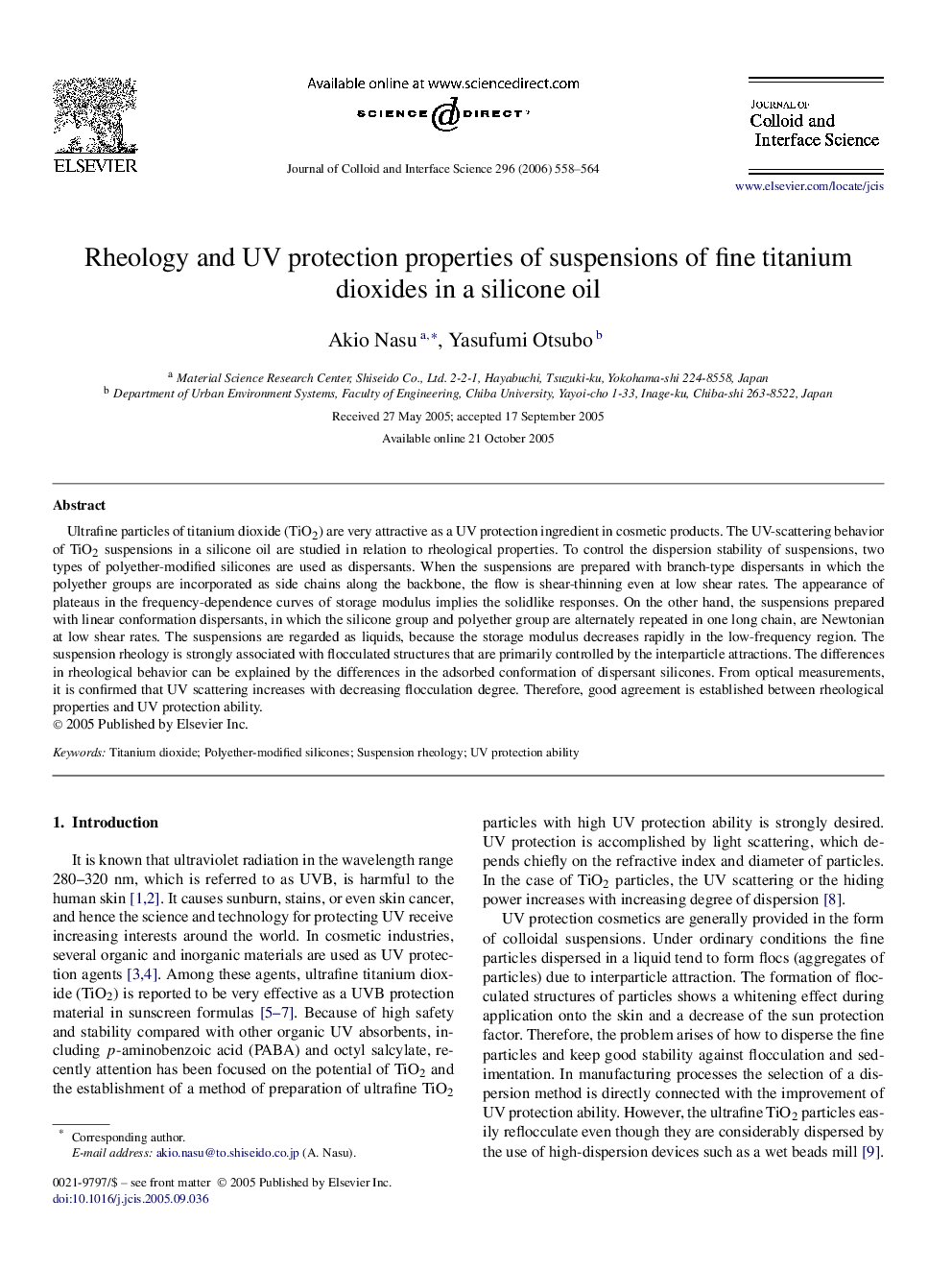 Rheology and UV protection properties of suspensions of fine titanium dioxides in a silicone oil