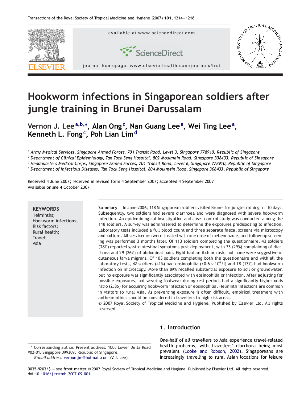 Hookworm infections in Singaporean soldiers after jungle training in Brunei Darussalam