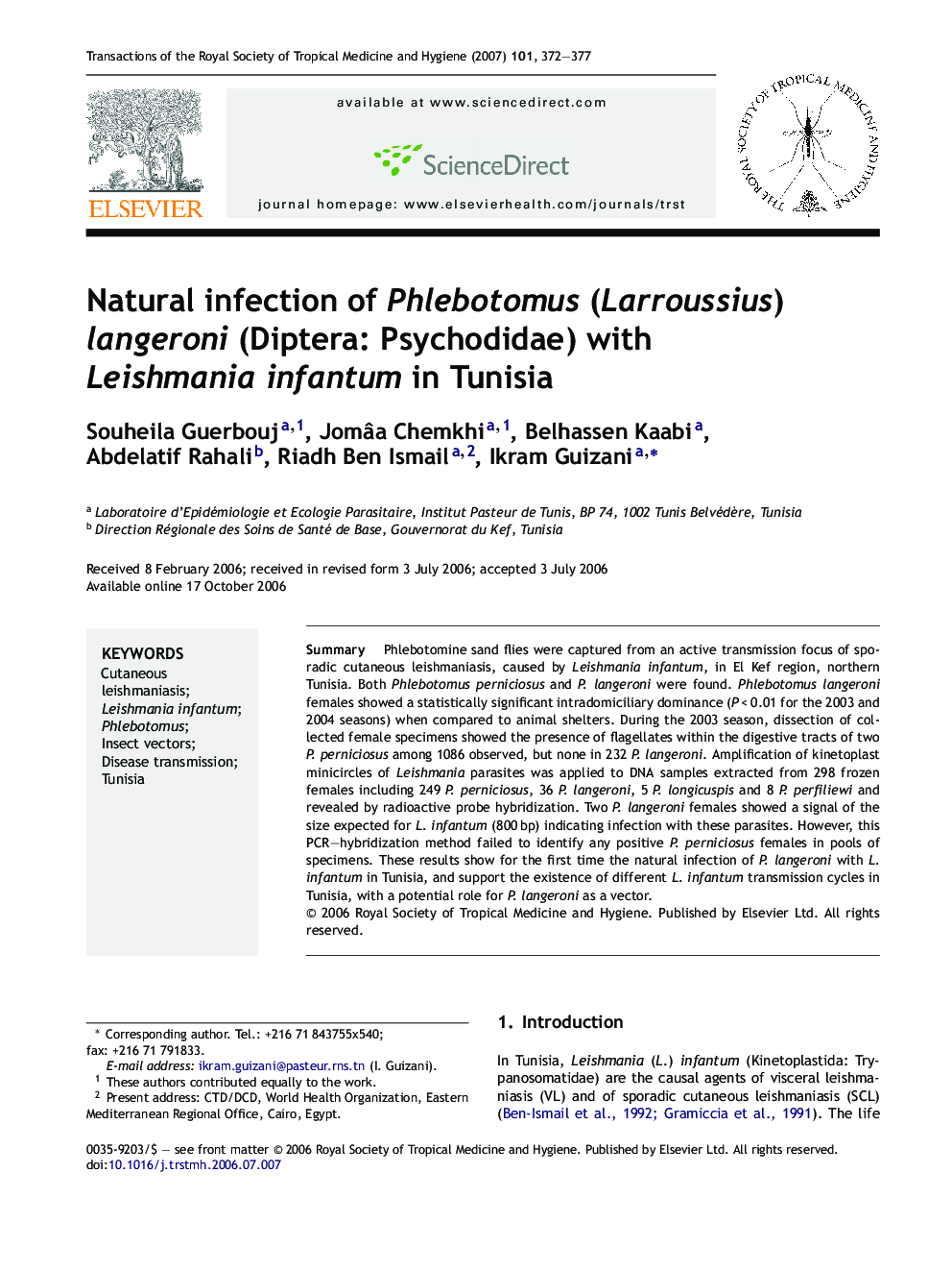 Natural infection of Phlebotomus (Larroussius) langeroni (Diptera: Psychodidae) with Leishmania infantum in Tunisia