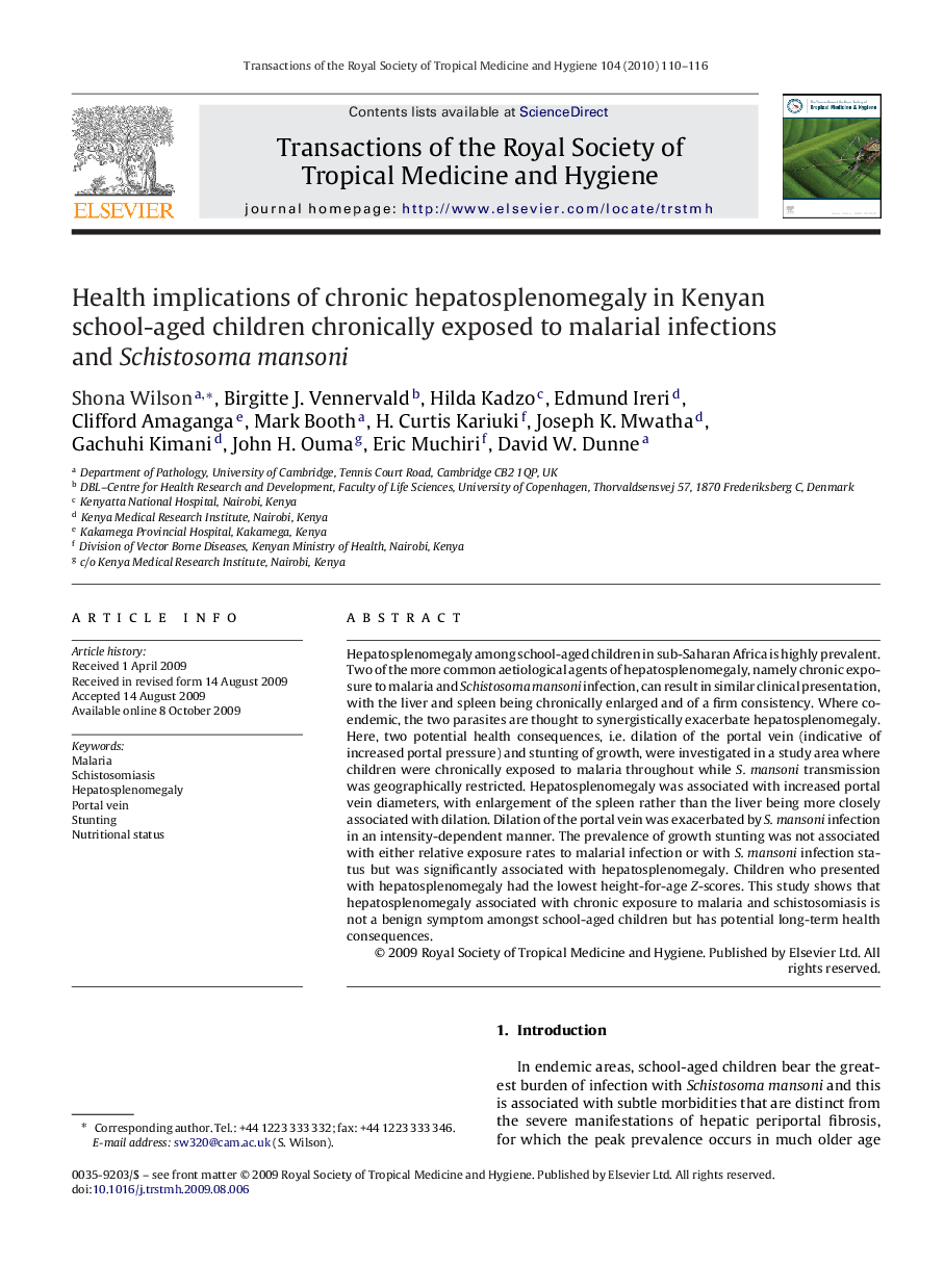 Health implications of chronic hepatosplenomegaly in Kenyan school-aged children chronically exposed to malarial infections and Schistosoma mansoni