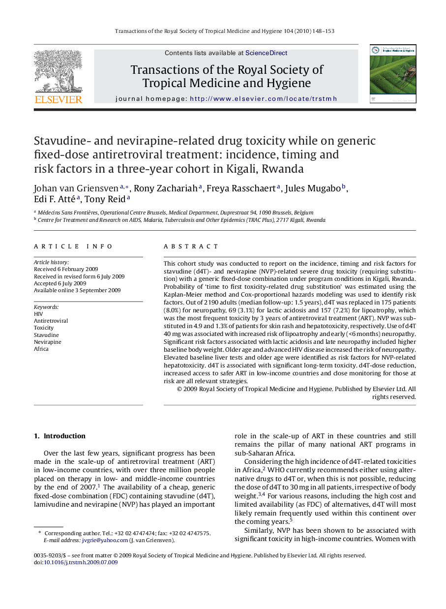 Stavudine- and nevirapine-related drug toxicity while on generic fixed-dose antiretroviral treatment: incidence, timing and risk factors in a three-year cohort in Kigali, Rwanda